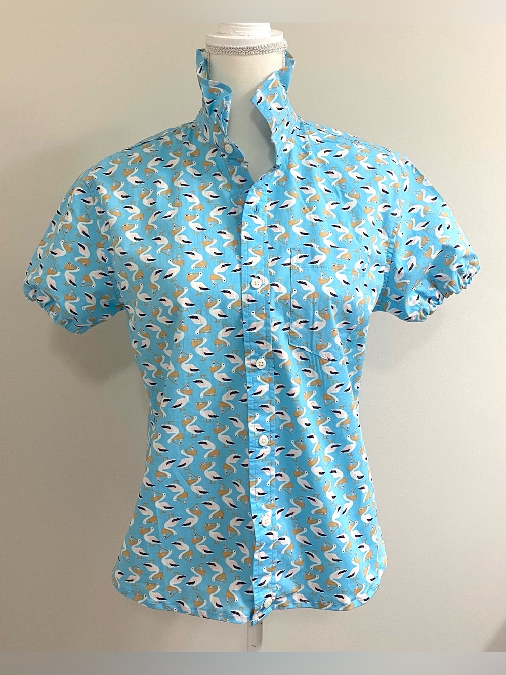 Upcycled XS Blue Seagull Print Ruffle Collar Button-Down Top Boho Coastal Preppy